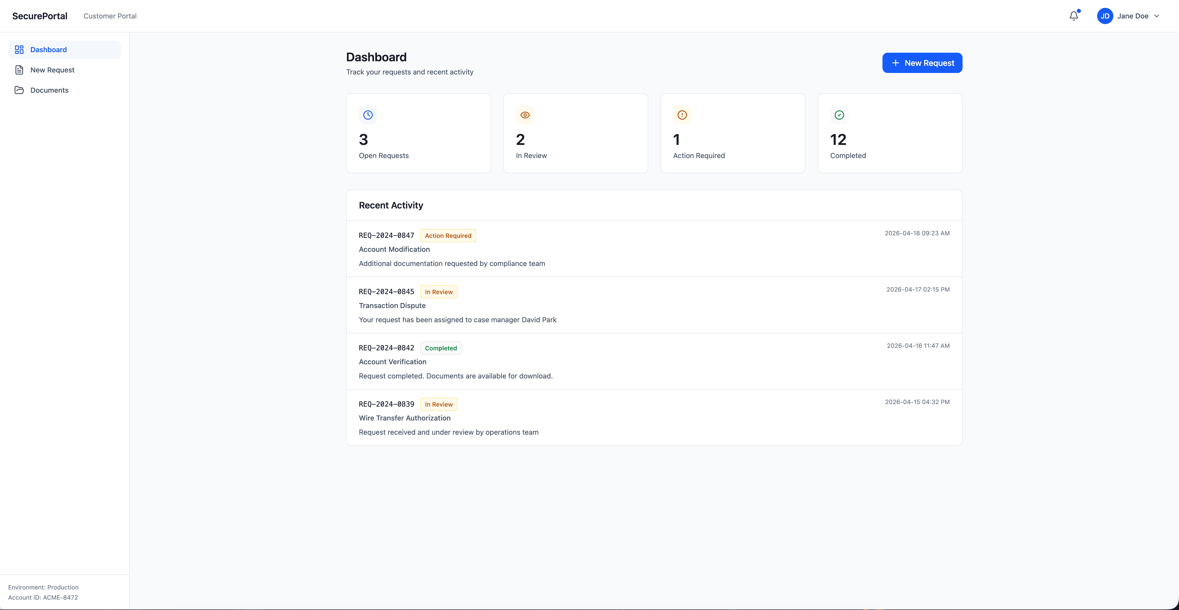 Customer portal request inbox with status chips and audit-ready activity trail