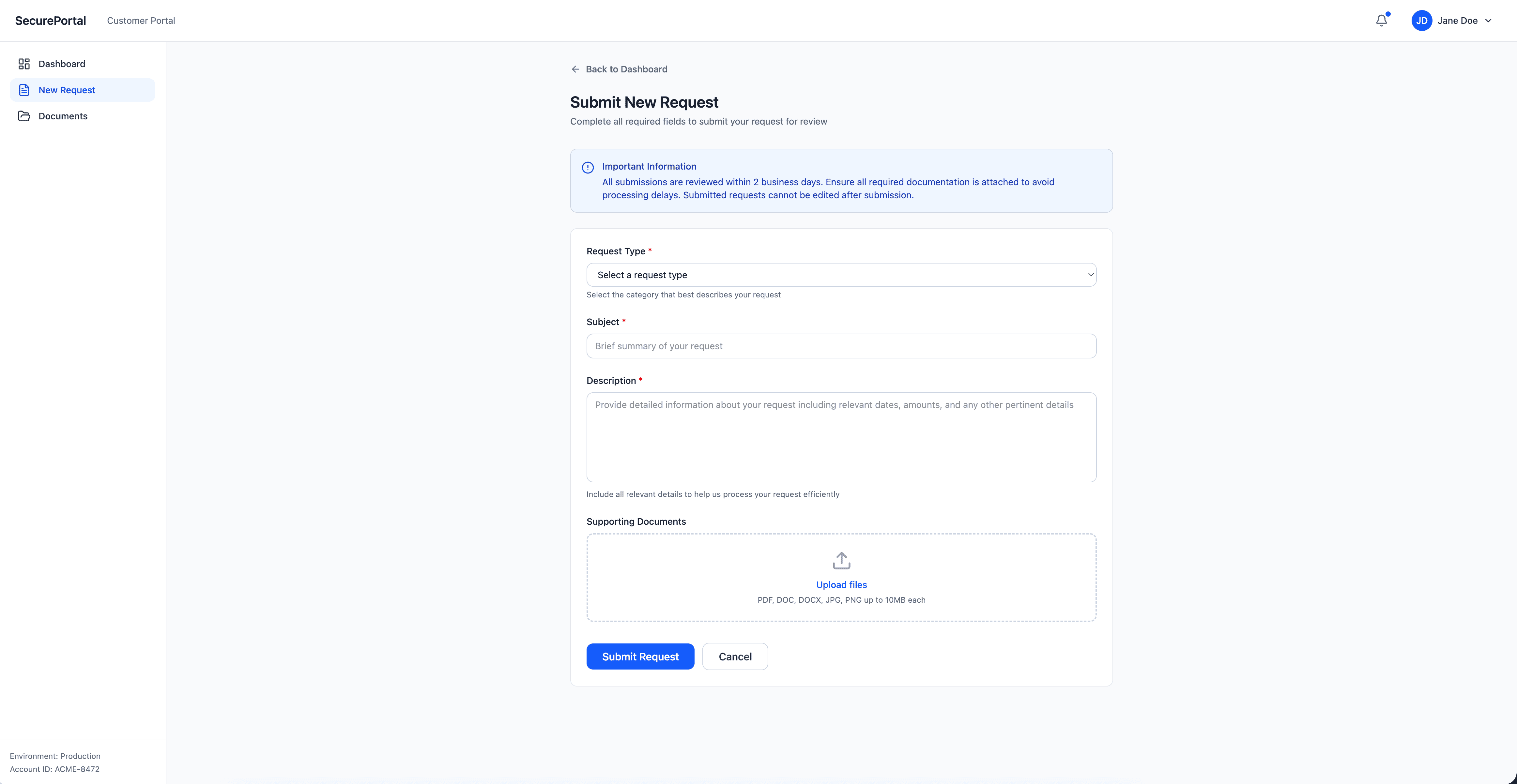 Staff queue view with role-based routing and searchable request history