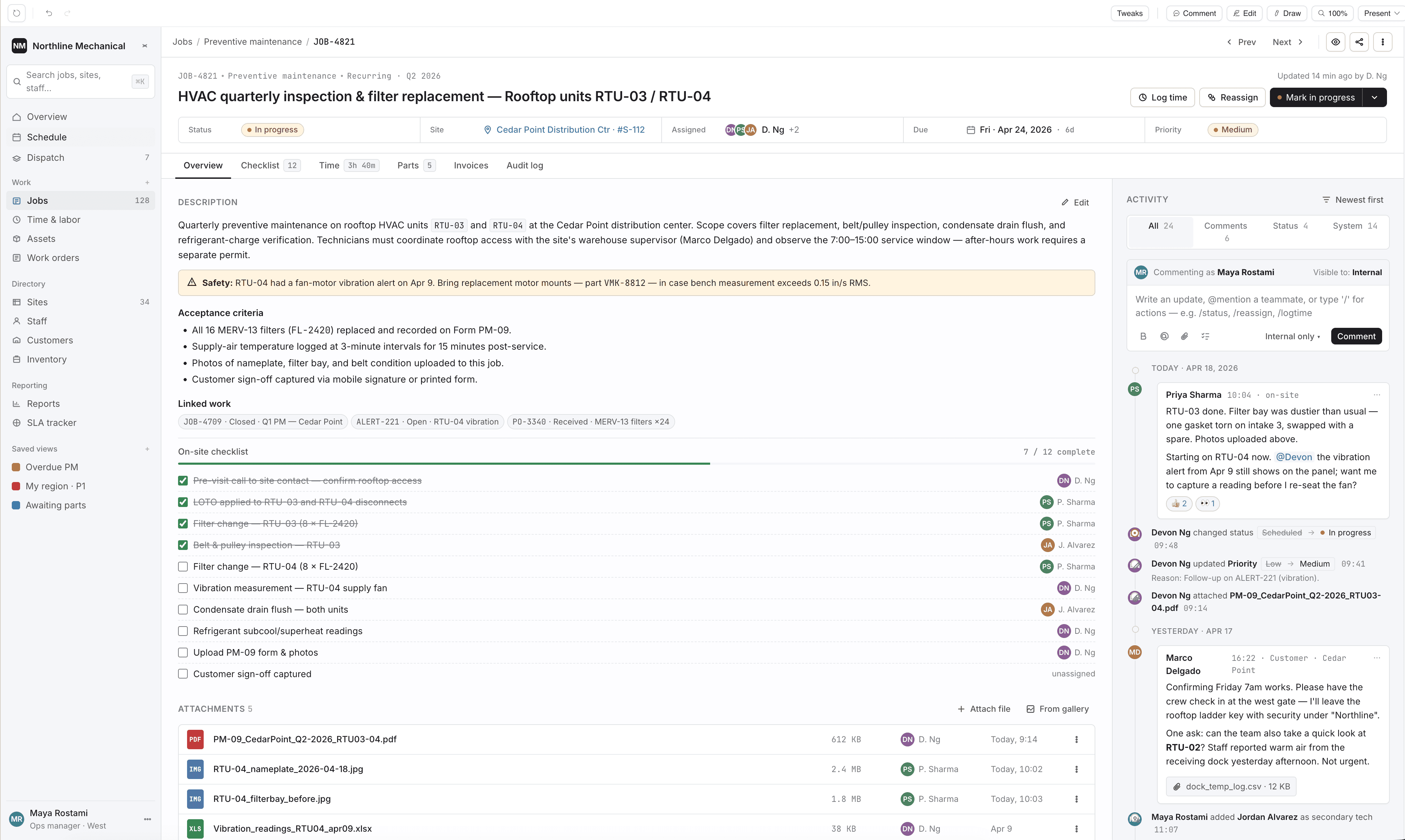 Job detail view with preventive-maintenance checklist, linked work, and activity timeline